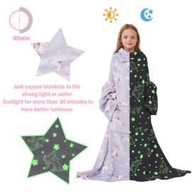 Softan Kids Wearable Fleece Blanket with Sleeves & Foot Pocket for Kids Girls Boys, Lightweight Soft Blanket,Glow in The Dark Unicorn