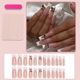 White French Tips Press on Nails Long Square Fake Nails with 3D Pink Cherry Charm Design Rhinestone Glue on Nails Glossy Skin Tones False Nails Summer Stick on Nails for Women Girls Manicure 24Pcs