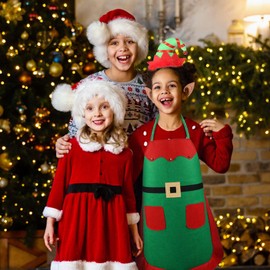 TGFIX Christmas Elf Apron Costume Elf Aprons Red Christmas Cooking Apron Christmas Gnome Kitchen Apron Costume with Elf Hat Headband Elf Ears Costume Party for Women Children Cosplay