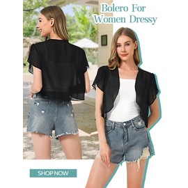 BALAYSIER Bolero for Women Petal Short Sleeve Chiffon Cardigan Open Front Sheer Shrugs for Dresses Women(Black,L)
