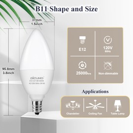 DiCUNO E12 Candelabra LED Bulbs 60 Watt Equivalent, Daylight White 5000K, 600LM, 5W Type B Candle Bulb for Ceiling Fan and Chandelier, CRI90, Non-Dimmable, 6-Pack