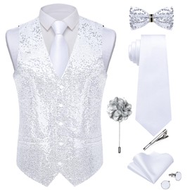 DiBanGu Mens Sequins Vest and Tie Set Solid V-Neck Shiny Dress Waistcoat Bowtie with pocket square for Prom Party Tuxedo, White, 3X-Large