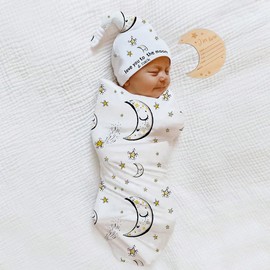 Ylsteed Baby Swaddle Blanket and Headband Set, Newborn Receiving Blanket Swaddle Wrap for Girls and Boys, Swaddling Blankets Neutral for Newborn， Soft and Skin-Friendly 32 * 32 inches (StarMoon White)