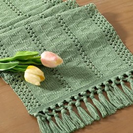 Socomi Sage Green Boho Table Runner Summer Farmhouse Rustic Dining Kitchen Centerpiece Decor Small Macrame Woven Cotton Linen Coffee Table Runner for Dresser Scarf Home Decor 12x48 inch