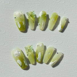 Handmade Nail Tip Medium Long Ballerina False Nail Grass Green Butterfly Flowers Popular Fashionable 3D Rhinestone Cute Design Fauxiliary Nail Set of 10 (Flower Green, S)