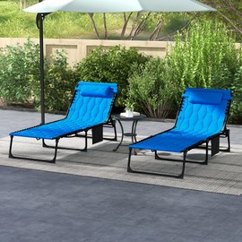 Outsunny Folding Chaise Lounge Set of 2 with 5-Level Reclining Back, Outdoor Lounge Tanning Chair with Padded Seat, Side Pocket & Headrest for Beach, Yard, Patio, Blue
