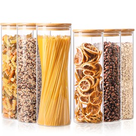 ComSaf Glass Food Storage Jars Set of 6, Tall Glass Storage Containers with Lids, Spaghetti Jar, Canisters Set for the kitchen, Pasta, Flour, Nuts, Oat, Coffee and Sugar Container, Pantry Organization