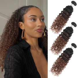 Anmetan 12A Brown Ombre Human Hair Bundles Water Wave 20 22 24 Inch, Chestnut Ombre Brown Wet n Wavy 3 Bundle with Dark Roots 3 Tone Color #T1B/2/30 Thick Sew In Weave Remy Hair Keep Soft After Washes