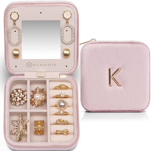 Vlando Flannel Jewelry Box, Square, Mini Jewelry Pouch, Travel, Portable, Compact, Mirror Included, Earrings, Necklaces, Rings, Accessories, Storage, Ring Rest, Cute, Jewelry Storage Case (Pink K)