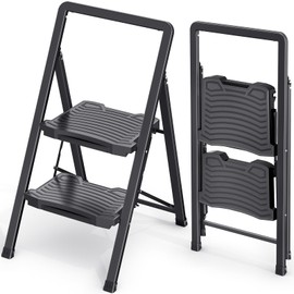 KINGRACK 2 Step Ladder 800lb Capacity, Folding Step Stool with Wide Anti-Slip Pedal & Safety Handrails, Lightweight Steel Ladder for Kitchen, Pantry, Office, Black