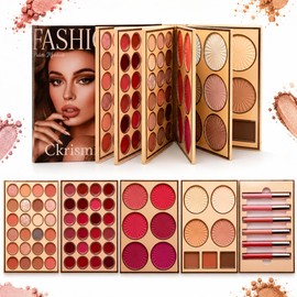 97 Colour All in One Makeup Palette Book Set, Book Make Up Kit with Eyeshadow, Lip Colours, Blusher, Highlighter, Contour Powder and 6 Lip Gloss Tubes, Warm Nude Rose Shades for Women (A)