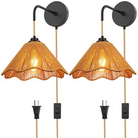 tebio Plug in Wall Sconces Set of Two,Handwoven Boho Wall Decor, Plug in Wall Light with Switch for Farmhouse,Indoor, Living Room, Bedroom (Bulb Not Included) 11 X 8 Inch