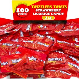 Twizzles Twists Strawberry Flavor, 2 Lbs Bulk, Individually Wrapped Chewy Licorice Candy, Mini Snack Size Treats for Parties Birthday and Snacking, Appx 100 Count
