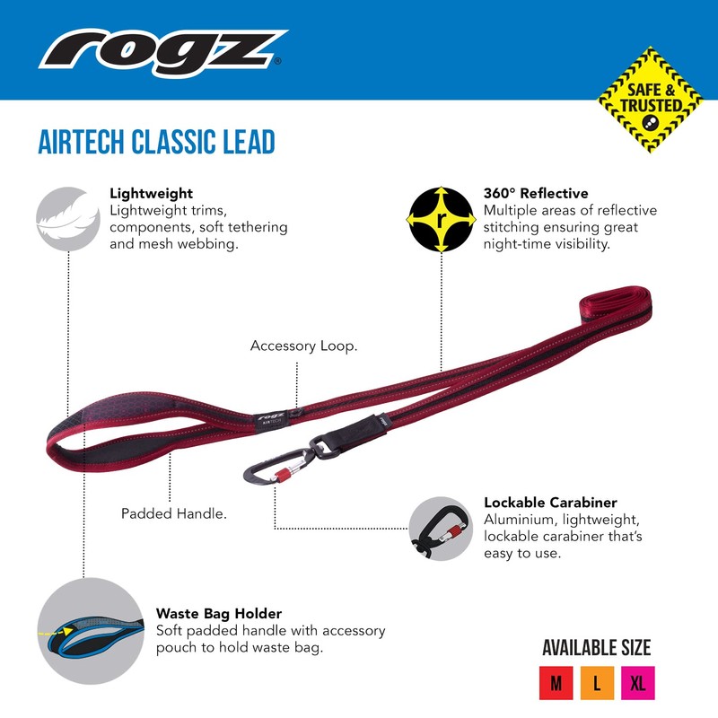 Rogz Airtech Classic Dog Lead, Platinum Grey, Medium