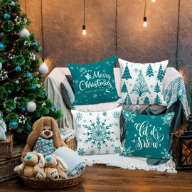 Lanpn Christmas Cushion Covers 45x45 Set of 4, Merry Christmas Winter Xmas Snowflake Decorative Holiday Throw Pillow Cases 18x18 for Outdoor Indoor Farmhouse Home Room Couch Decor (Teal)