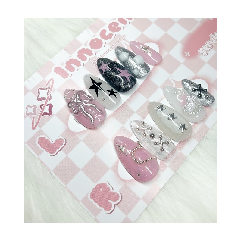 Y2K Lovely Silver Star Char Handmade Nail Tips - Almond