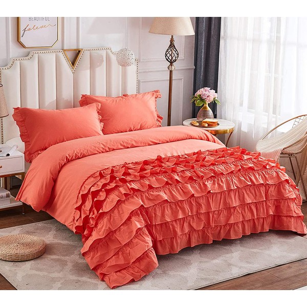 Softta Vintage Twin XL Size Princess Girls Bedding Set 3Pcs Duvet Cover Sets Ruffled Lacework Patchwork Bedding Sets Bohemia Zipper Closure Quilt Cover 100% Cotton Living Coral Orange Red Clearance