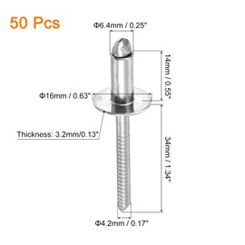 sourcing map 50Pcs 1/4"x1/2" 304 Stainless Steel Large Flange Round Head Rivets, Large Cap Open End Blind Rivets for Construction, Automotive Manufacturing, Aerospace, Shipbuilding (Silver)