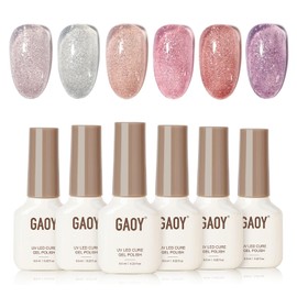 Glitter Jelly Gel Nail Polish, 6 Colors Pink Purple Silver Holographic Sparkling Crushed Diamond Set, Soak Off UV Gel for Nail Art, Pastel Prism