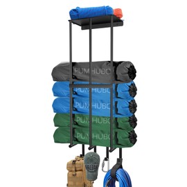 PUMHUBO Camping Chair Wall Storage for Garage - Metal Beach Lawn Chair Rack, Garage Storage and Organization Shelves, Wall Mounted Umbrella Storage Rack Holder with Floating Shelf and 4 Hooks Black