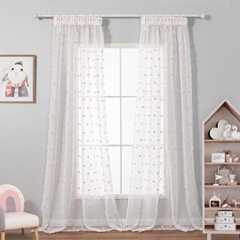 MYSKY HOME Curtains with Ruffle Tape, Voile Curtains for Children's Room, Modern Curtain, Embroidery, Semi-Transparent Room Divider, Sliding Curtain, Living Room, Set of 2, Pink, H 245 x W 140 cm