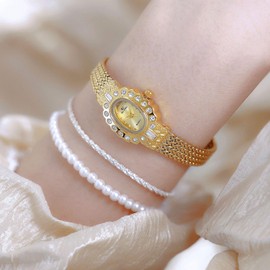 LOREO Vintage Gold Bracelet Watch for Women Elegant Small Oval Dial, Quartz Waterproof Dress Wristwatch (Gold)