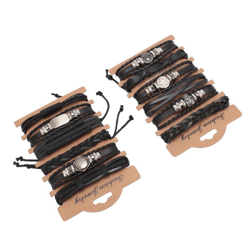 12PCS Braided Faux Leather Bracelet Set Multilayer Vintage Rock Style