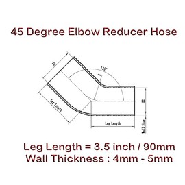 Autobahn88 Automotive Silicone Hose Bend, 45-Deg Elbow Reducer Coupler, ID=2.25" to 2" (57 to 51mm), Leg Length 3.13" (80mm), Wall Thickness= 0.16" (4mm), 3-Ply, Black