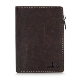 boshiho Eco Cork Friendly RFID Blocking Wallet Bi-fold Card Holder Vertical Wallet With Zippered Coin Purse & ID Window (Brown)