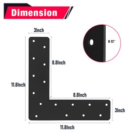 2 Pcs L Shape Flat Bracket. 12"x12" Mending Plate with Black Powder-Coated Right Angle Brackets, Corner Bracket, L Shape Plate Fit 4x4,6x6 for Repair House,Furniture,Pavilion,Truss framing