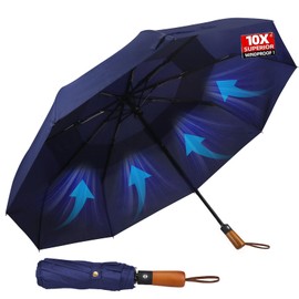 Hannstar Compact Umbrella, Windproof Strong with Wooden Handle, Automatic Umbrella for Men and Women, 10 Ribs, Fiberglass and Large Umbrella for Rain and UV Sun Protection, Double Canopy Blue