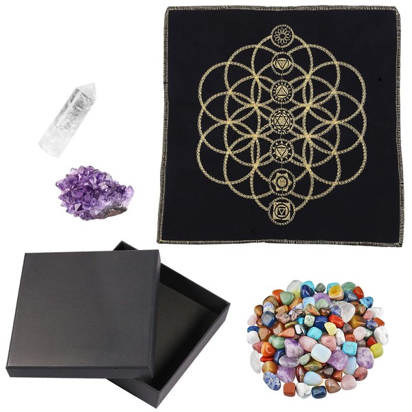 Rockcloud Healing Stone Totem Energy Mat Meditation Kit for Beginners Divination Wiccan Altar Supplies Witchcraft Home Decoration, Assorted Stones, Amethyst, Rock Crystal