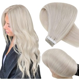 Hetto Tape in Hair Extensions Human Hair Blonde Tape in Remy Hair Extensions Glue in Extensions Human Hair #60 Platinum Blonde 18 Inch 20Pcs 50g