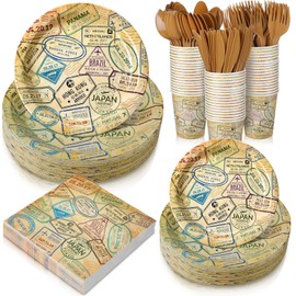 Yungyan 252 Pcs Travel Plates and Napkins Set Around the World Themed Party Supplies Disposable Voyage Travel Paper Napkins Plates Cups Airplane Adventure Retirement Party Decorations Serves 36 Guests