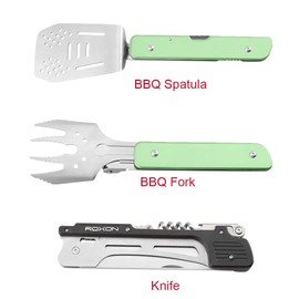 ROXON S601 14" 6 in 1 MBT3 Folding Grill Utensils Set Fork Spatula Grilling Knife Tongs Opener for Backyard Barbecue and Camping (Green)