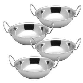 Kosma Set of 4 Stainless Steel Serving Balti Dish - 15cm | Metal Balti Bowl with Handle | Indian Serving Dish