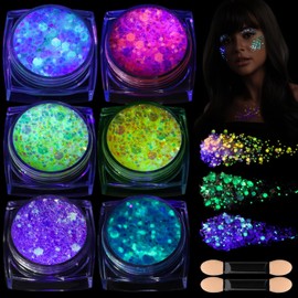 Teenitor 6 colores que brillan en la oscuridad, gel con purpurina, gel con purpurina facial, purpurina corporal, purpurina para el cabello para carnaval, maquillaje, fiestas con luz UV y luz negra