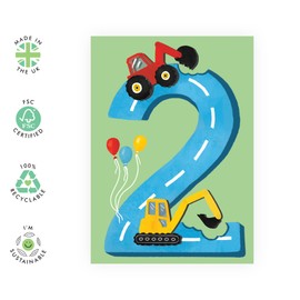 Second Birthday Card for Boys - Happy 2nd Birthday - Age 2 - Two Year Old - Tractors Greeting Card - Fun Construction Vehicle Themed Card for Kids - Son, Grandson, Toddler - By Central 23