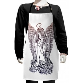 Ambesonne Angel Wings Apron, Innocence Girl with Long Hair and Aureole on Head Noel Theme, Small Apron Bib with Adjustable Ties for Baking Painting, Small Size, Dark Purple Eggplant