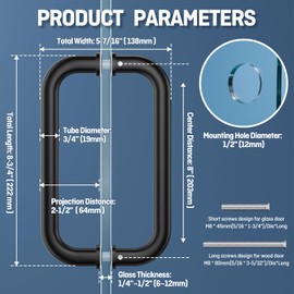 Ranbo Matte Black 8" （CTC） Tubular Back-to-Back Shower Door Handle,Heavy-Duty 1.0mm Thick 304 Stainless Steel,for 1/4"- 1/2" Thick Glass and 1-3/8" - 2-1/6" Thick Wooden or Metal Doors