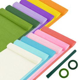12 Colors Crepe Paper Rolls, Rainbow Crepe Paper for Flower Making Kit Papel Crepe with Floral Iron Wire and Tape for DIY Gift Wrapping Paper Crafts Streamers Piñatas (9.8 x 98 Inches)