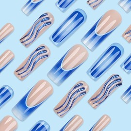 RUOKEXIN Long Press on Nails Square Fake Nails Blue Ombre False Nails with 3D Designs French Tip Nail Press ons Sparkly Artificial Nails Cute Glue on Nails for Women 24Pcs
