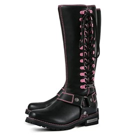 Motorcycle Boots for Women with Full Size Zipper & Lace Details, Black Motorcycle Riding Boots for Ladies with Heel, Classic Harness Design, Mid Calf