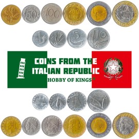 Set of 10 Coins from Italy. 1, 2, 5, 10, 20, 50, 100, 200, 500, 1000 Lire. 1951-2001