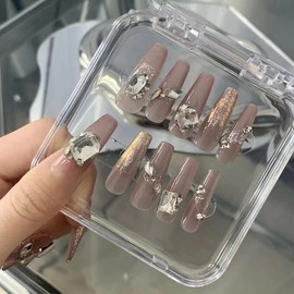 Nail Apparel Hand Made Long Ballet Press on Nails-Luxury UV Finish Manicure 10Pcs, Various Size (Small (Pack of 10), NudePink Rhinestone Gold Foil)