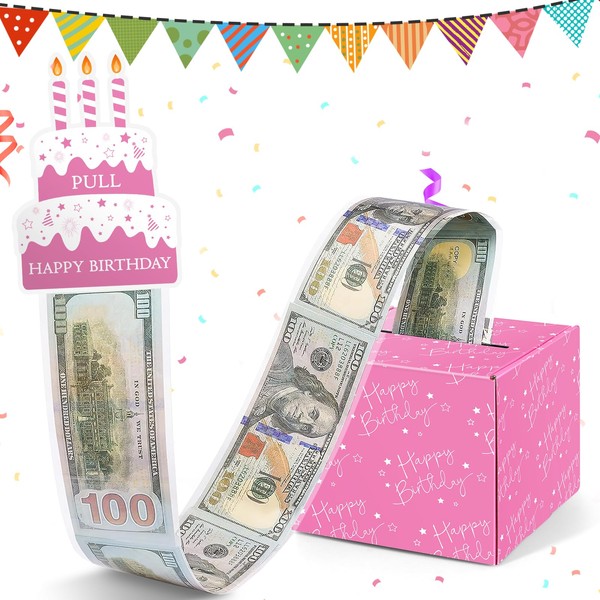 WenmthG Happy Birthday Money Box for Cash Gift - Pull Cash from Money Case Funny - Birthday Gift Box Pink- Money Gift Ideas Novelty - Birthday Presents for Her Girls Women - Party Decorations