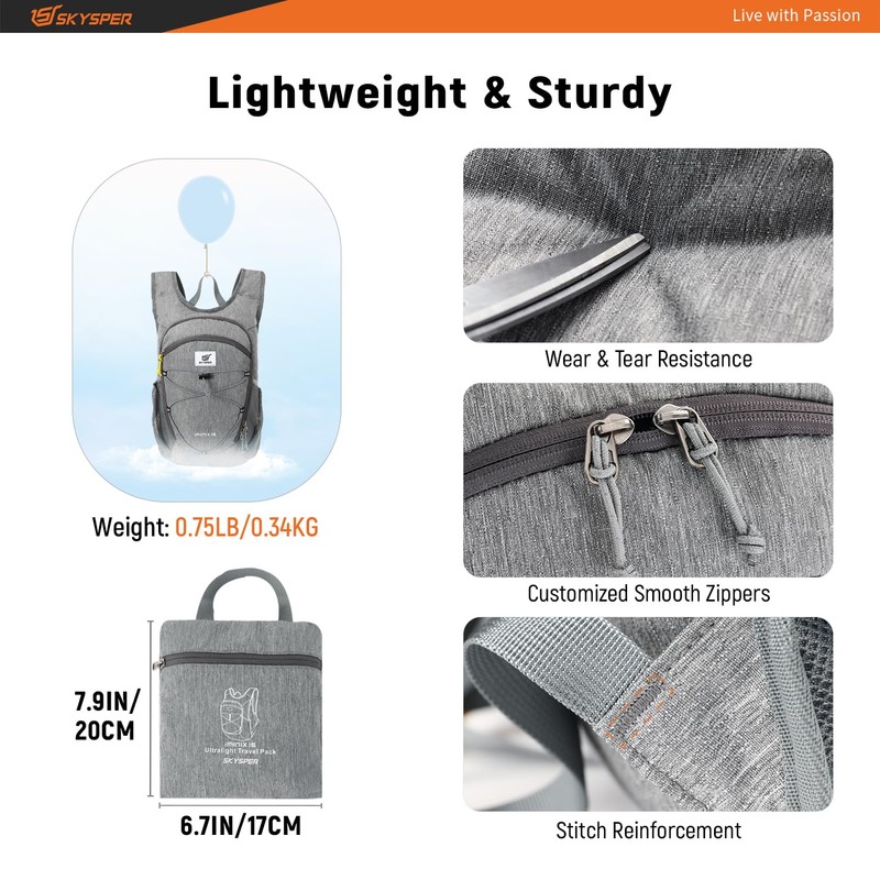 SKYSPER Men's 15L Foldable Hiking Backpack Small Daypack Daypack for