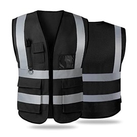 Hi Vis Vests for Women Men High Visibility Reflective Safety Security Vest with Pockets Zipper Front Meets ANSI/ISEA Standards（Large,Black(mesh))
