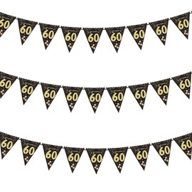 Garland Banner Black Gold Bunting Banner, 60th Birthday Man Garland 60th Birthday Bunting Garland, Happy Birthday Garland 60 Years, Hanging Bunting for Women and Men (60)