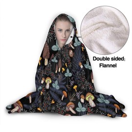 Mushroom Hooded Blanket Mushrooms Gifts for Women Soft Fleece Flannel Dark Wild Forest Mushrooms Throw Wearable Blanket All Season Plant Blankets for Bed Decorative 80"x60" for Audlt